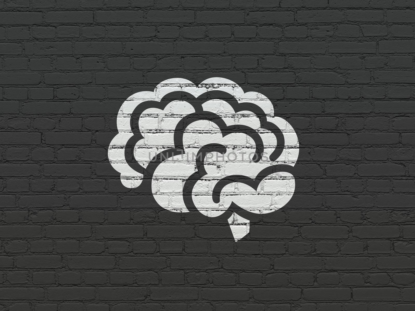 Science concept: Painted white Brain icon on Black Brick wall background