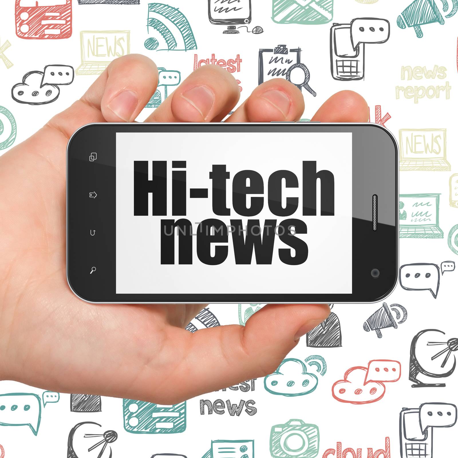 News concept: Hand Holding Smartphone with Hi-tech News on display by maxkabakov