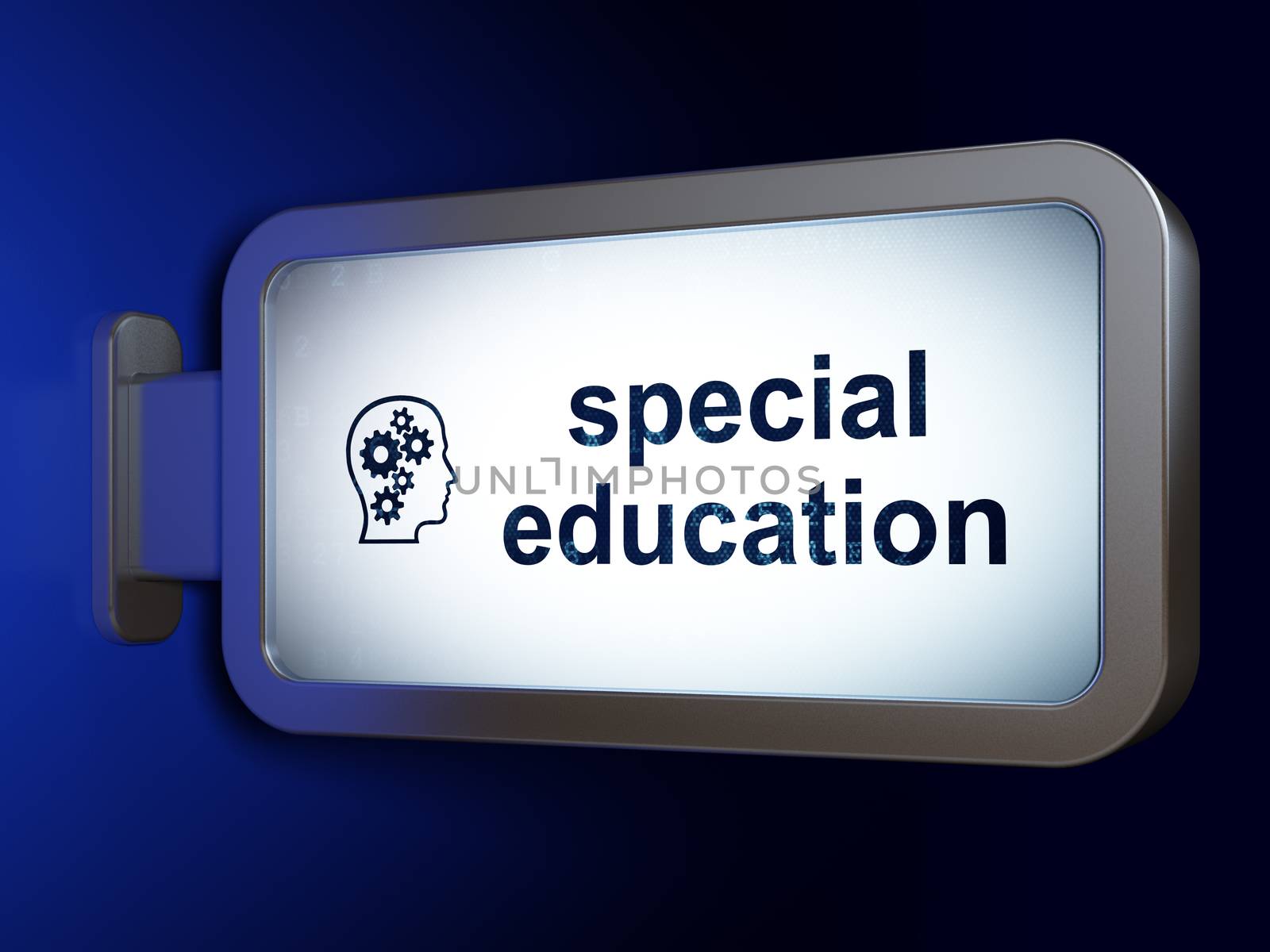 Learning concept: Special Education and Head With Gears on advertising billboard background, 3D rendering