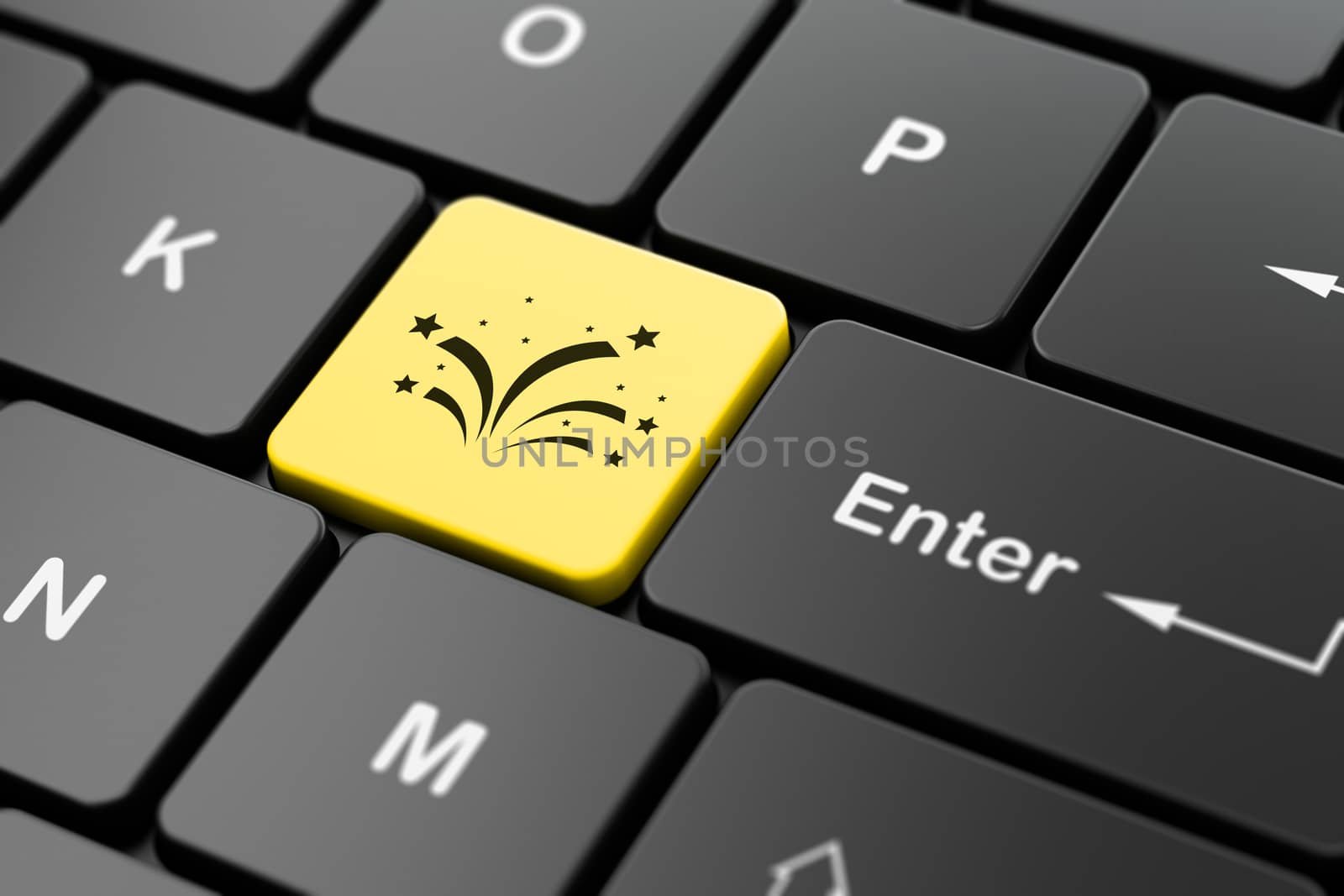 Entertainment, concept: computer keyboard with Fireworks icon on enter button background, 3D rendering