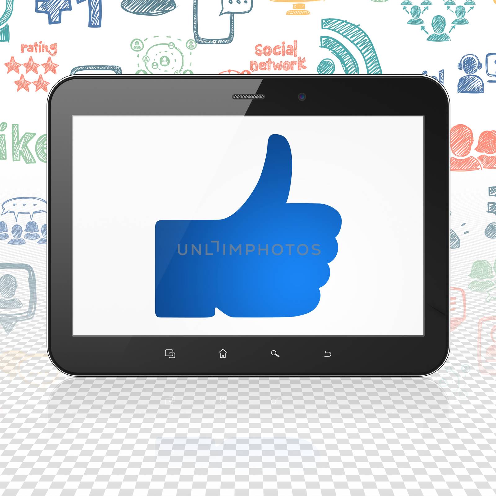 Social media concept: Tablet Computer with  blue Thumb Up icon on display,  Hand Drawn Social Network Icons background, 3D rendering