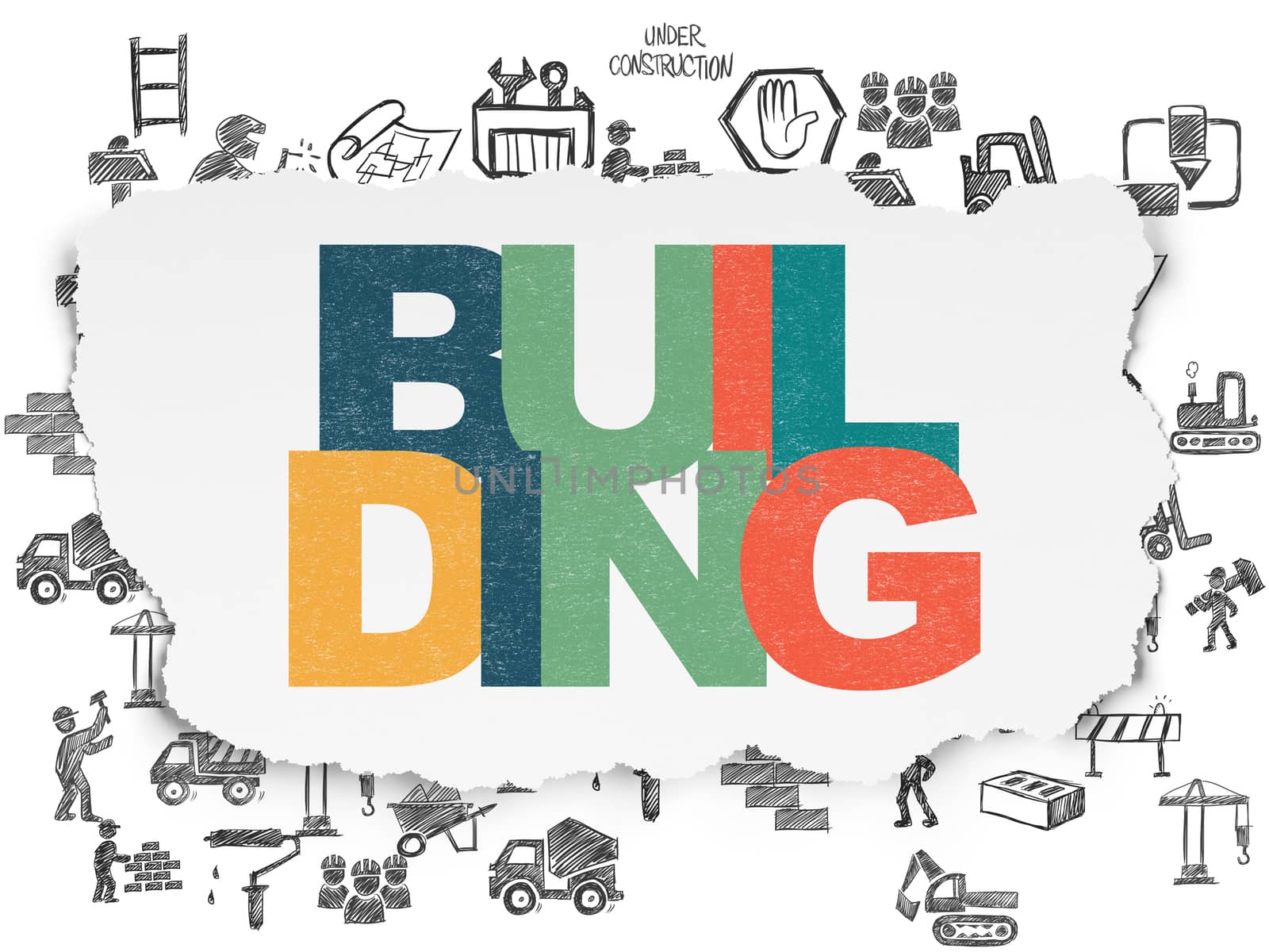 Construction concept: Painted multicolor text Building on Torn Paper background with  Hand Drawn Building Icons