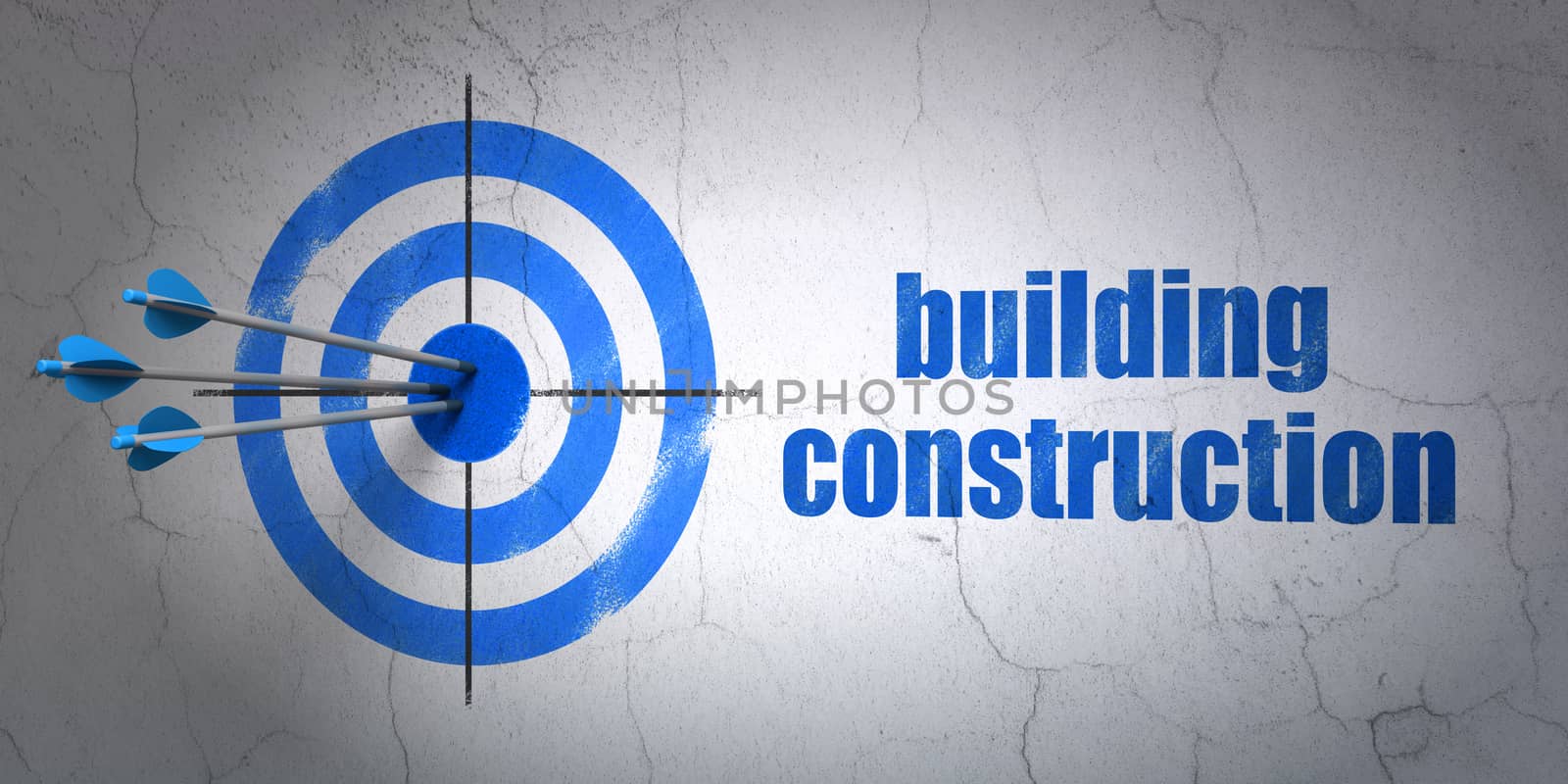 Success construction concept: arrows hitting the center of target, Blue Building Construction on wall background, 3D rendering