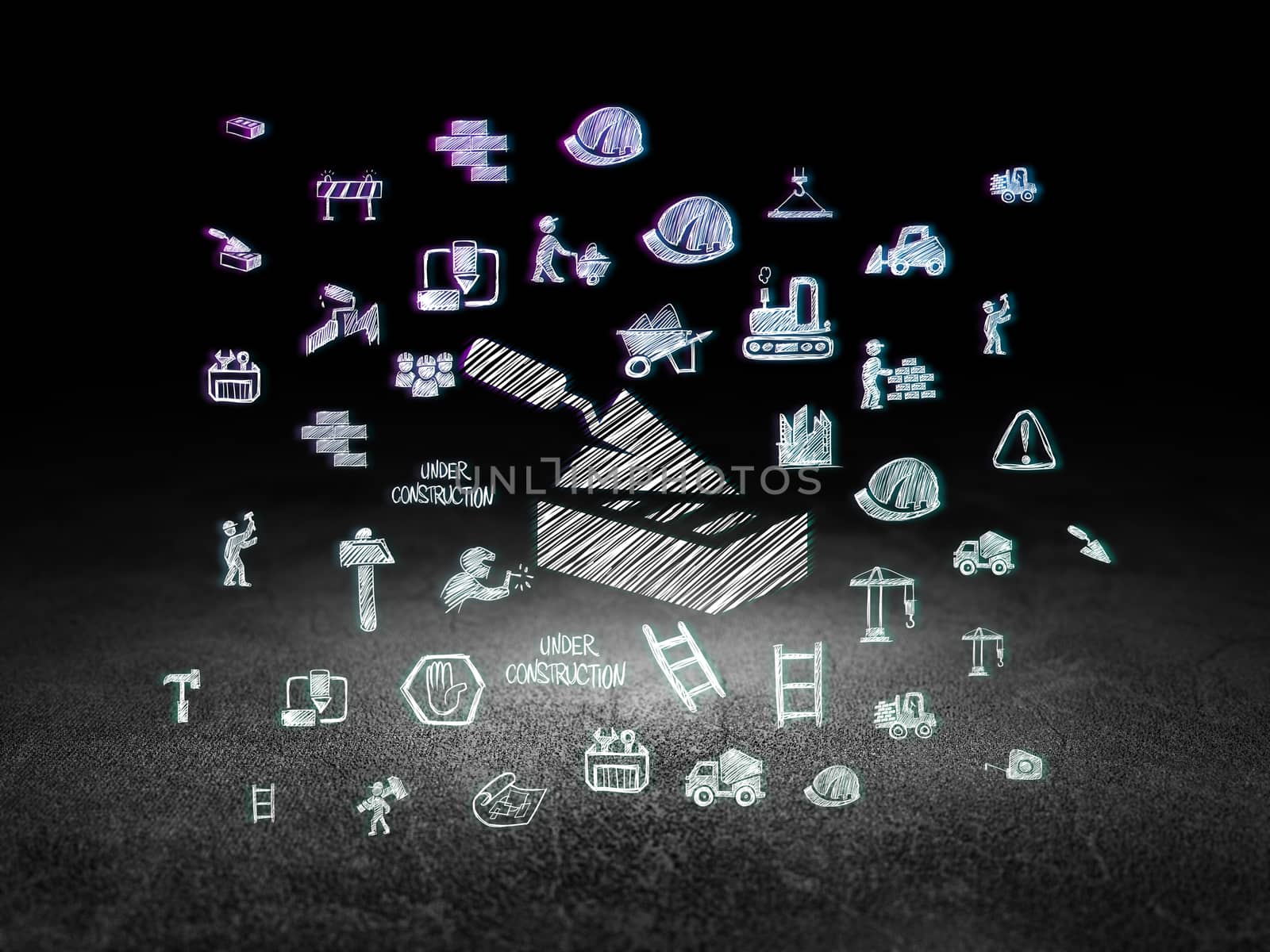 Construction concept: Glowing Brick Wall icon in grunge dark room with Dirty Floor, black background with  Hand Drawn Building Icons