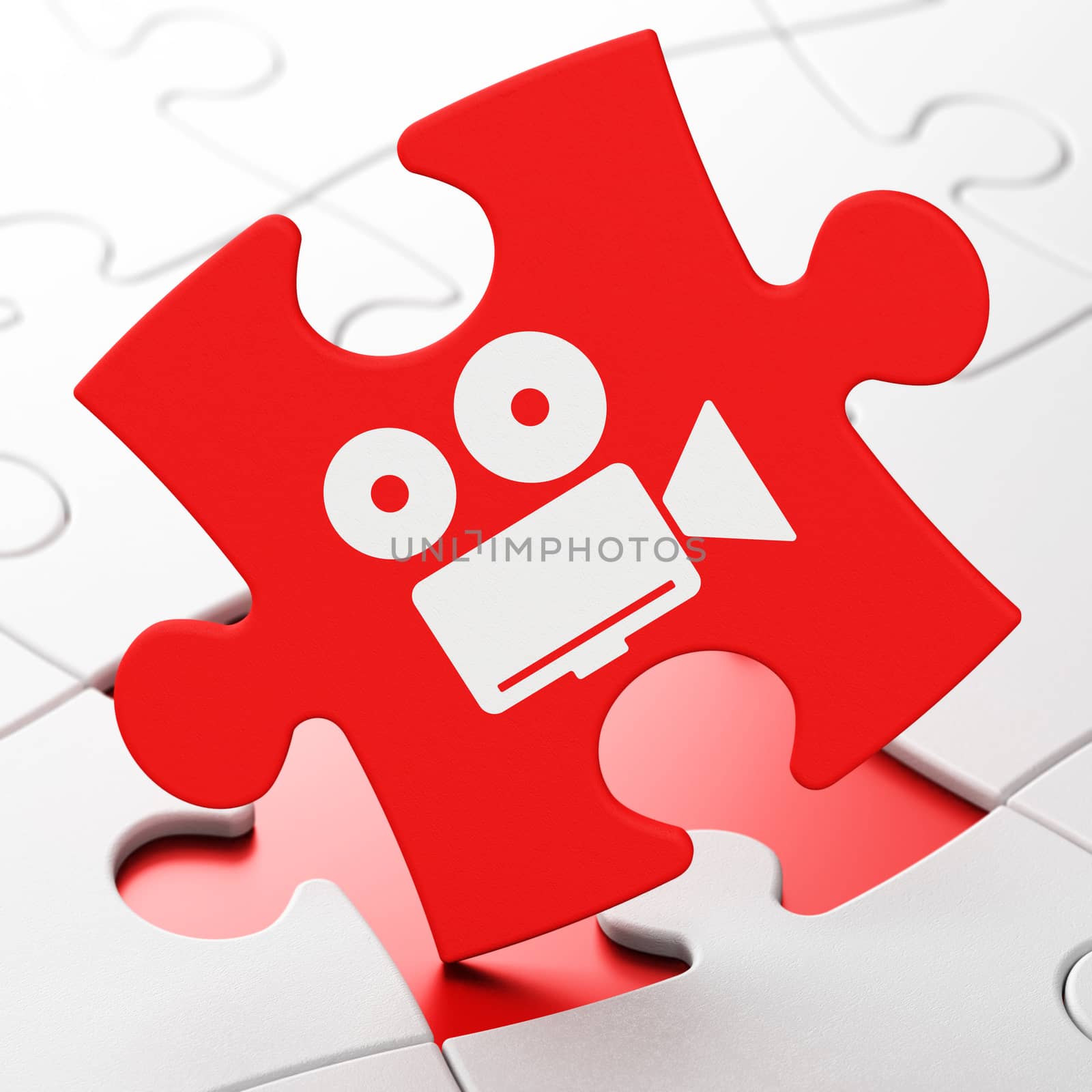 Tourism concept: Camera on Red puzzle pieces background, 3D rendering