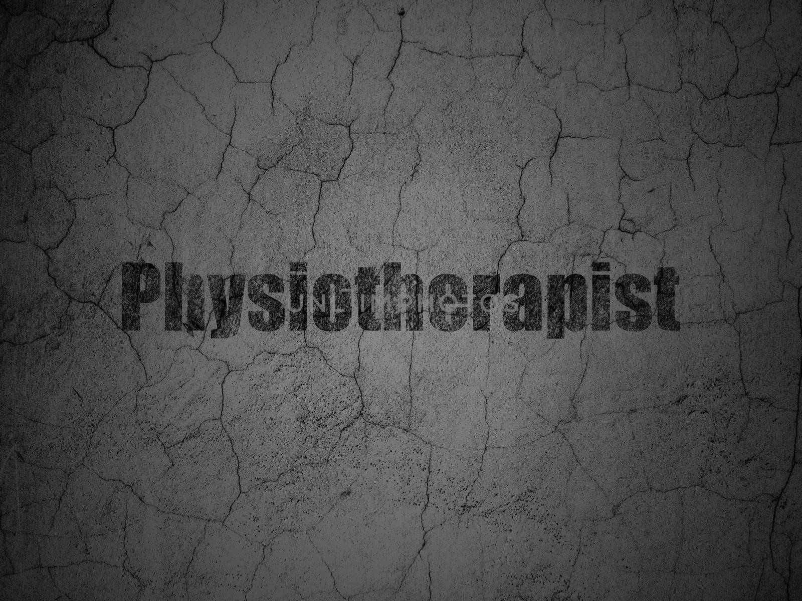 Medicine concept: Black Physiotherapist on grunge textured concrete wall background