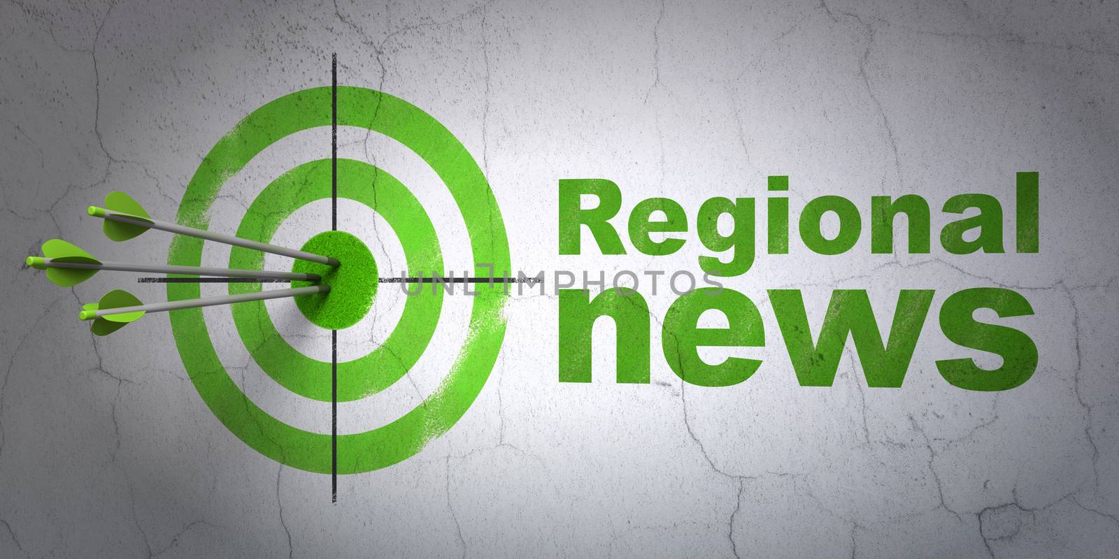 Success news concept: arrows hitting the center of target, Green Regional News on wall background, 3D rendering