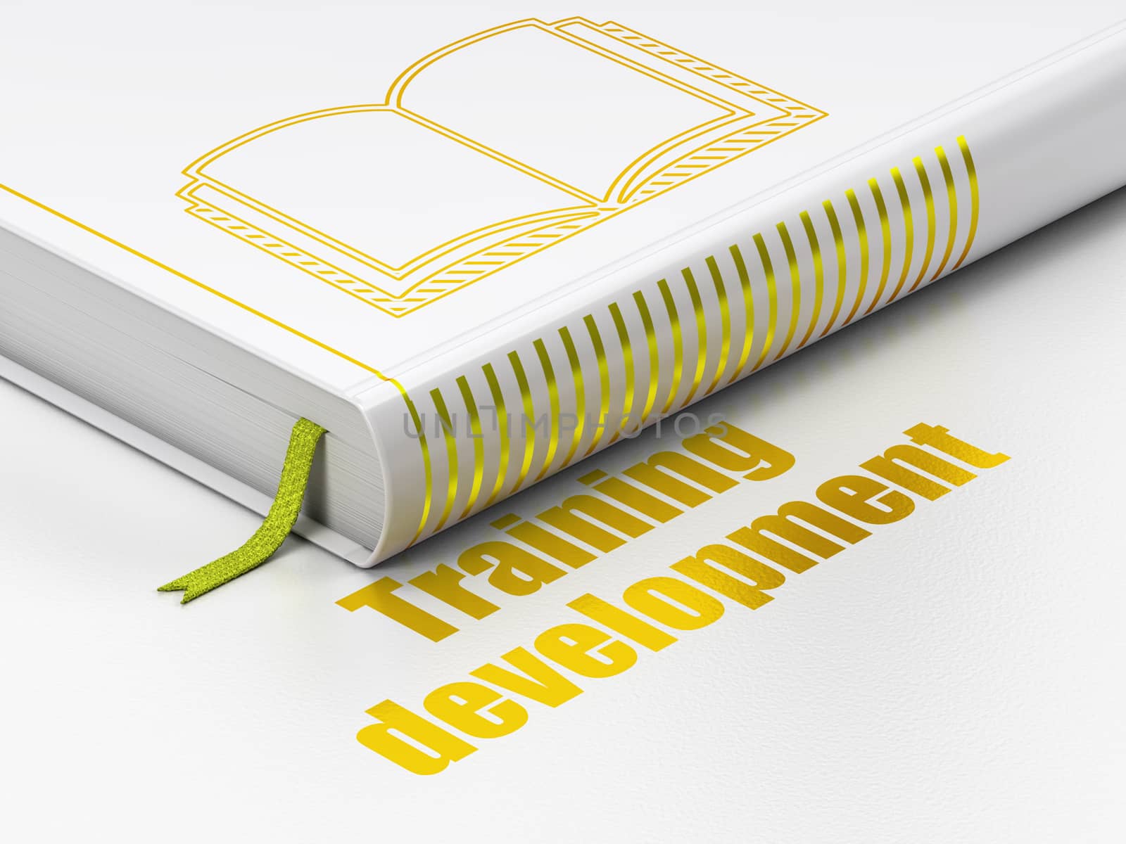 Learning concept: closed book with Gold Book icon and text Training Development on floor, white background, 3D rendering