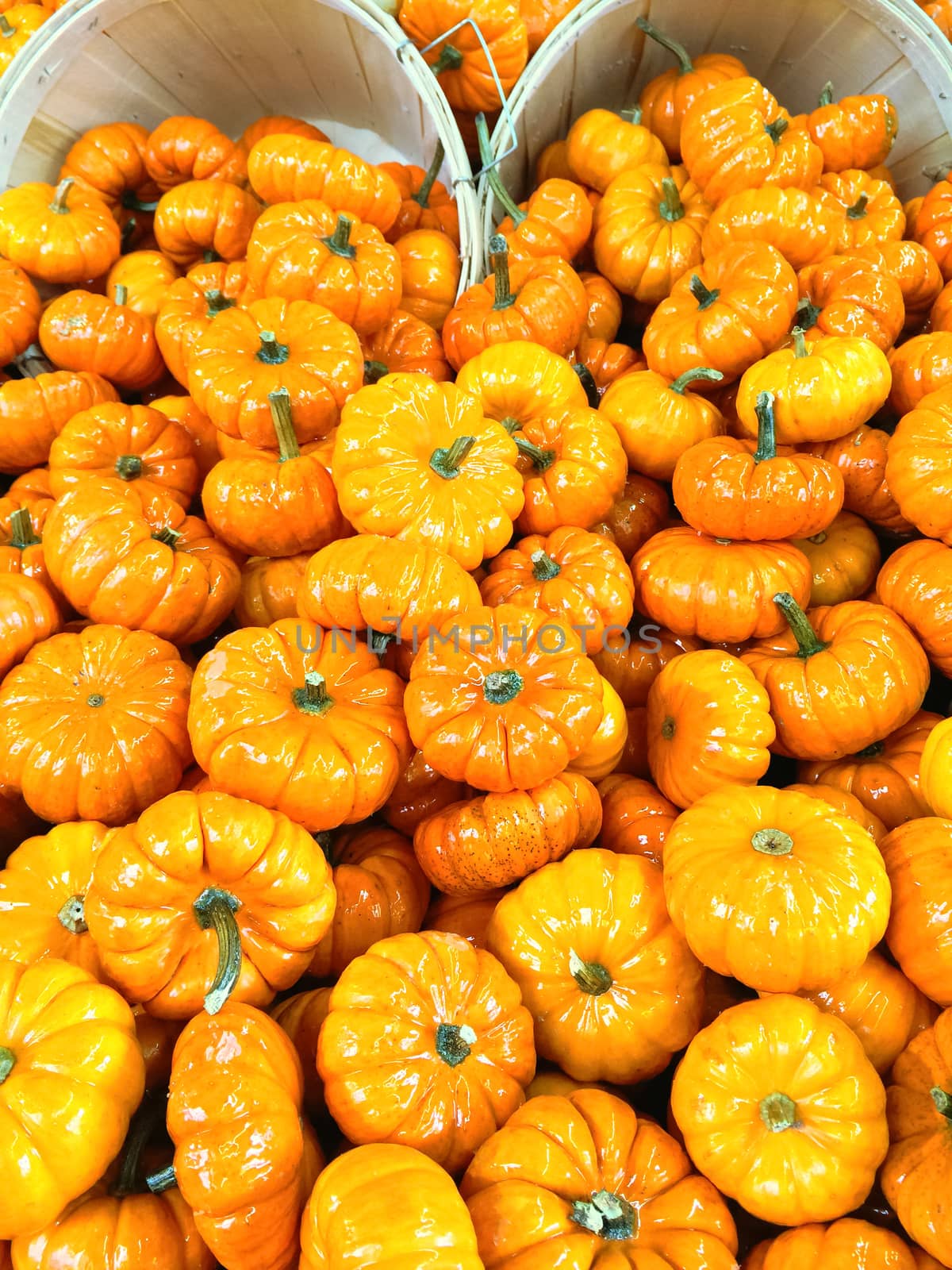 Baskets with colorful decorative gourds at the autumn market.