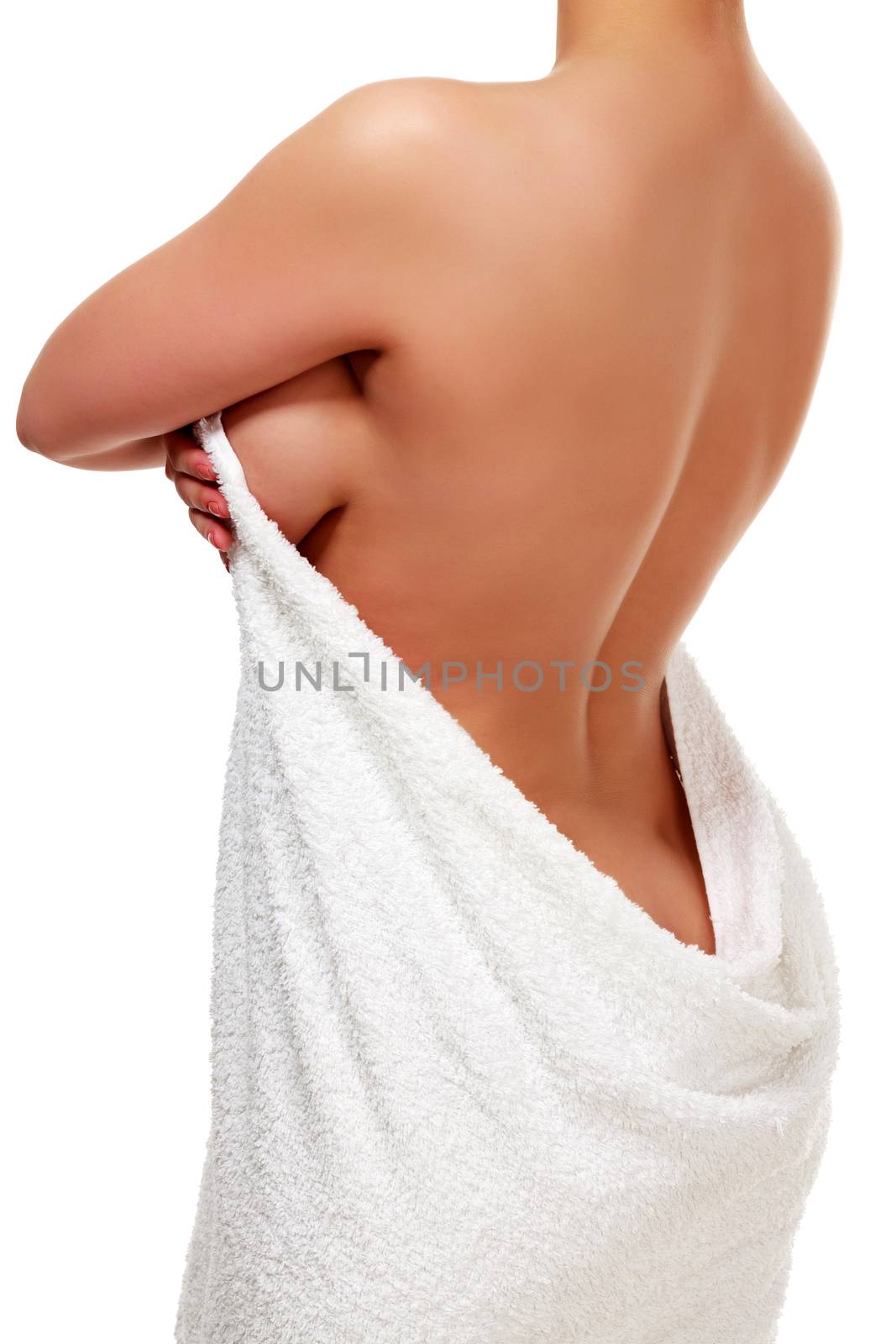 Woman in white towel, naked back, smooth skin, isolated on white background