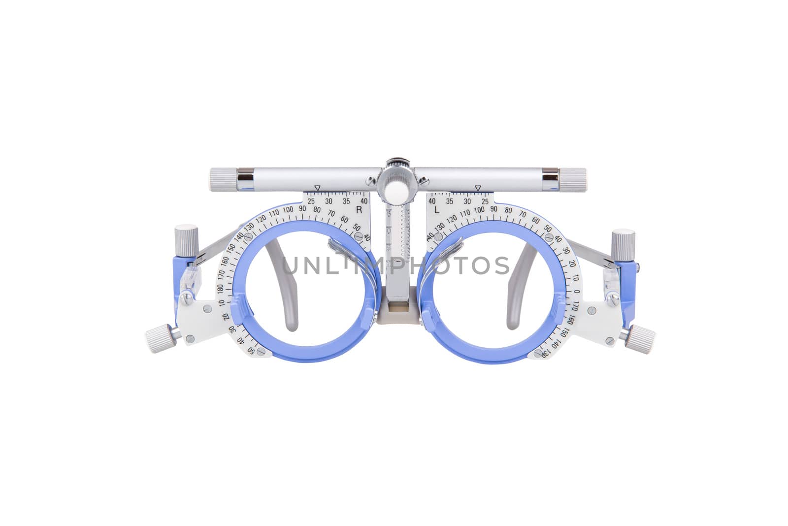 Closeup of eye test glasses on white background