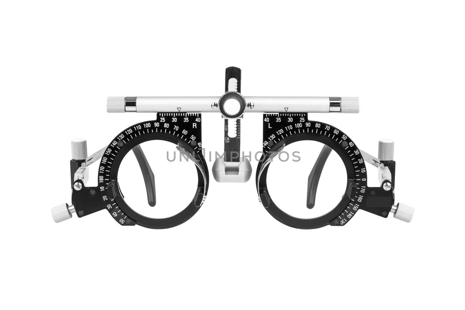 Closeup of eye test glasses on white background