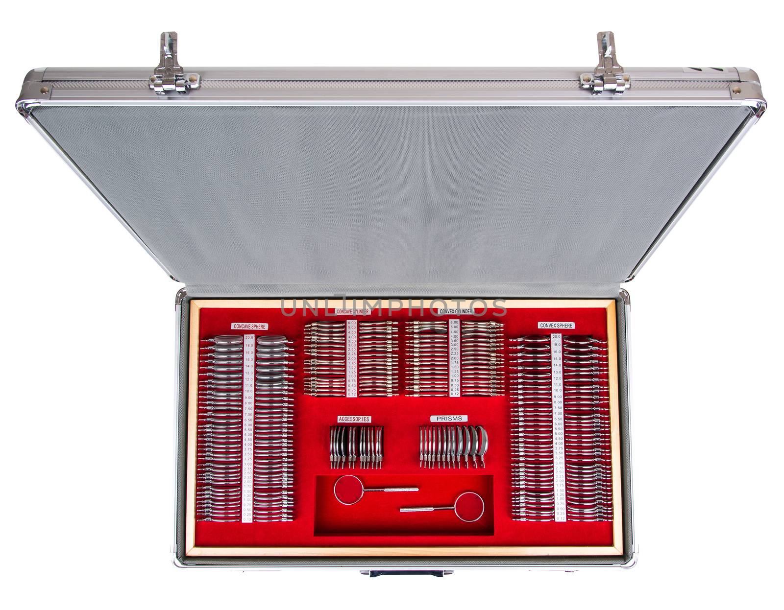 Set of lenses in suitcase for patients matching in oculist office