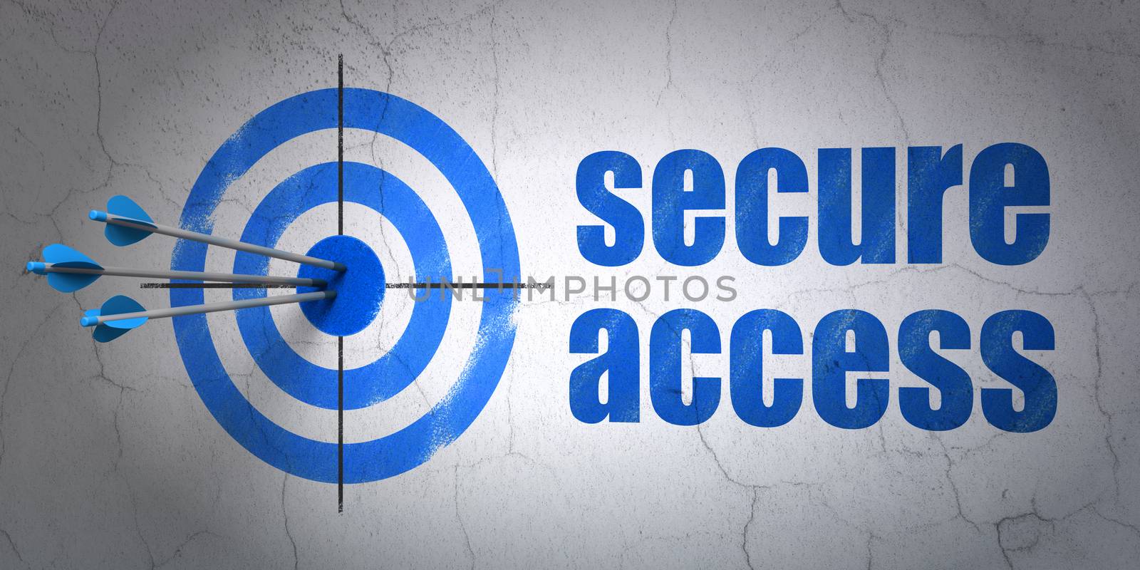 Success privacy concept: arrows hitting the center of target, Blue Secure Access on wall background, 3D rendering
