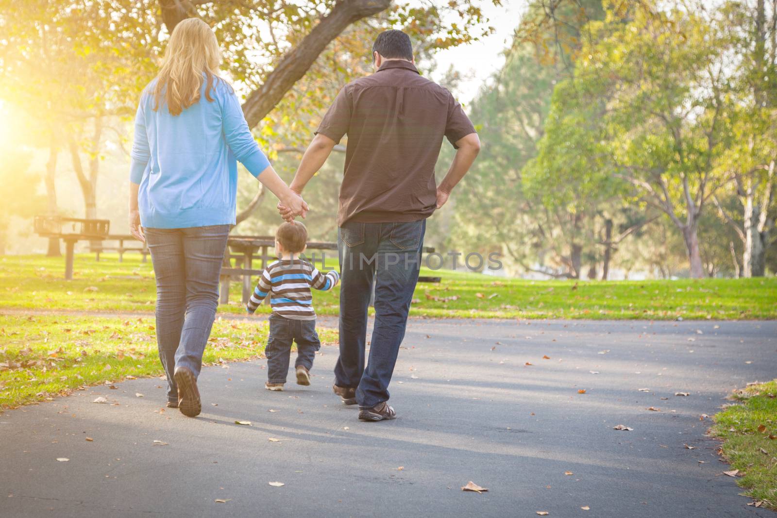 Happy Mixed Race Ethnic Family Walking In The Park by Feverpitched