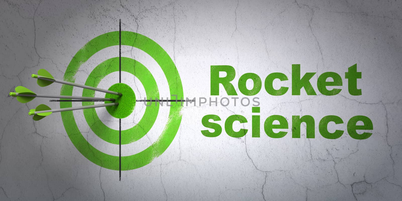 Success Science concept: arrows hitting the center of target, Green Rocket Science on wall background, 3D rendering