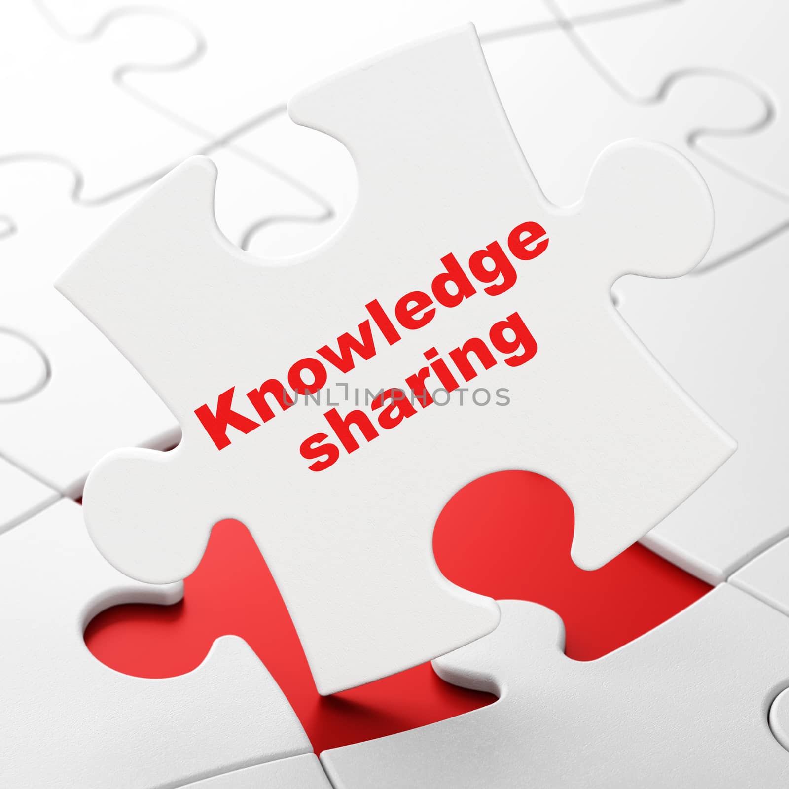 Learning concept: Knowledge Sharing on White puzzle pieces background, 3D rendering