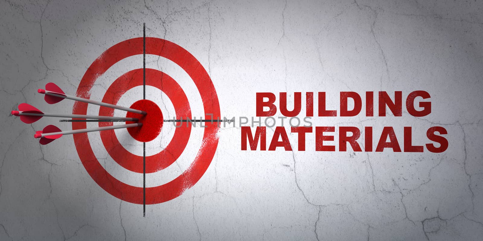 Success construction concept: arrows hitting the center of target, Red Building Materials on wall background, 3D rendering