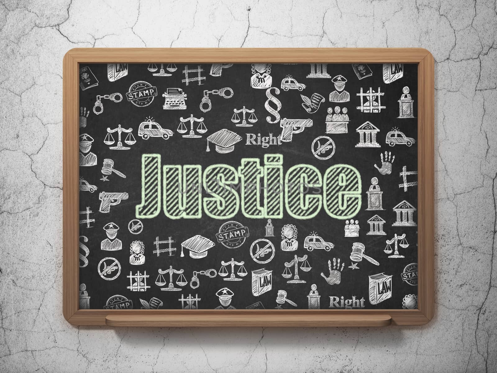 Law concept: Chalk Green text Justice on School board background with  Hand Drawn Law Icons, 3D Rendering