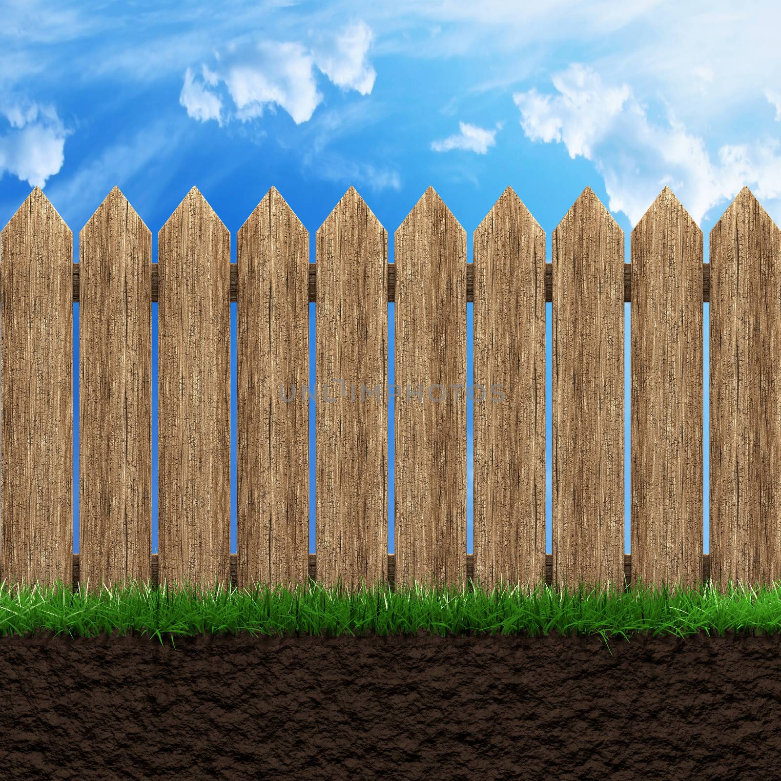 Wooden fence grass and blue sky 3d illustration