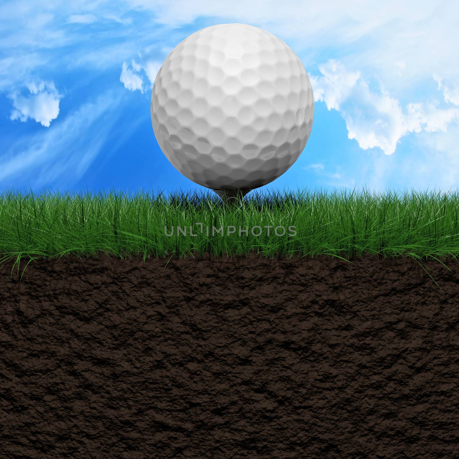 Golf ball on a green grass field 3d illustration