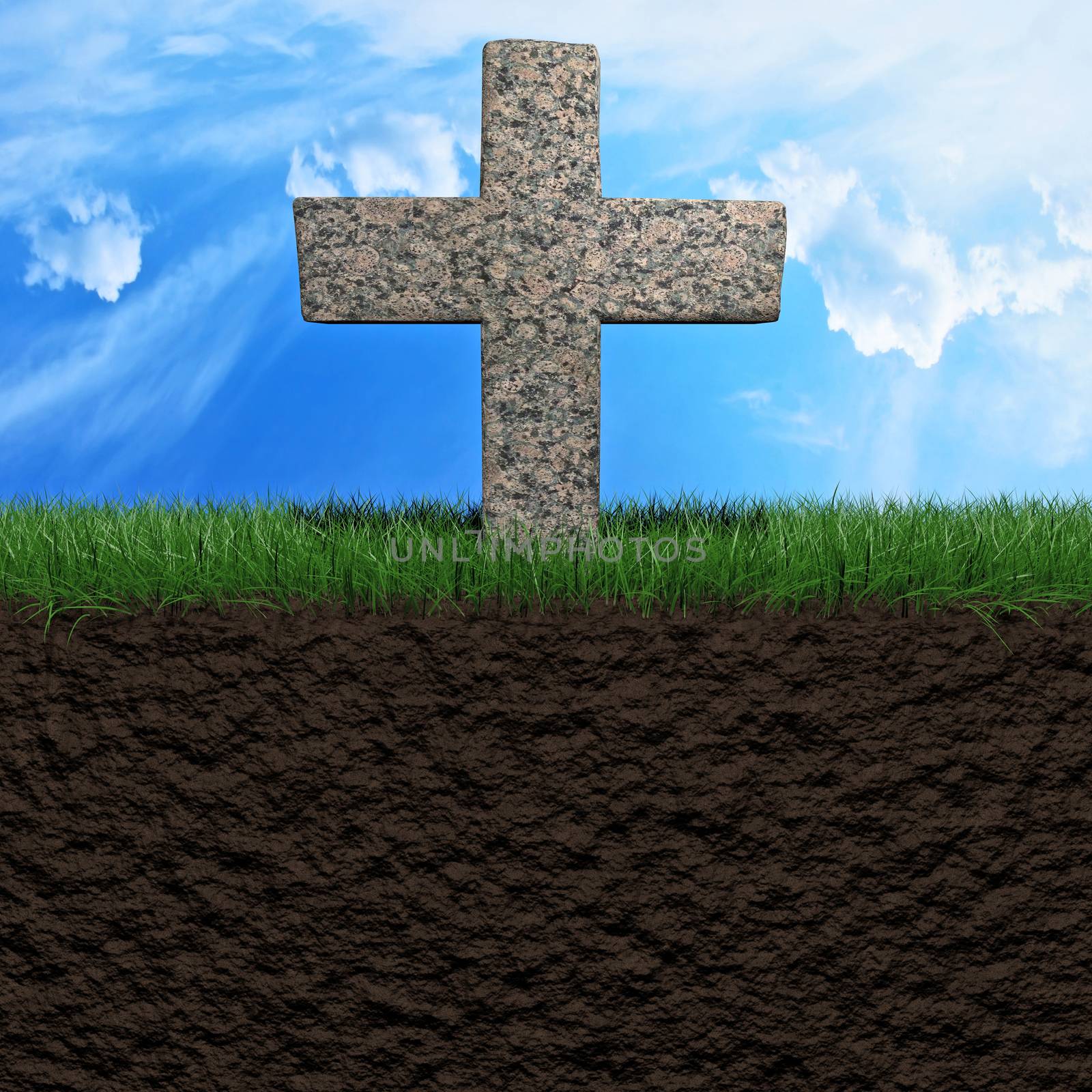 Tombstone on a grass field background 3d illustration