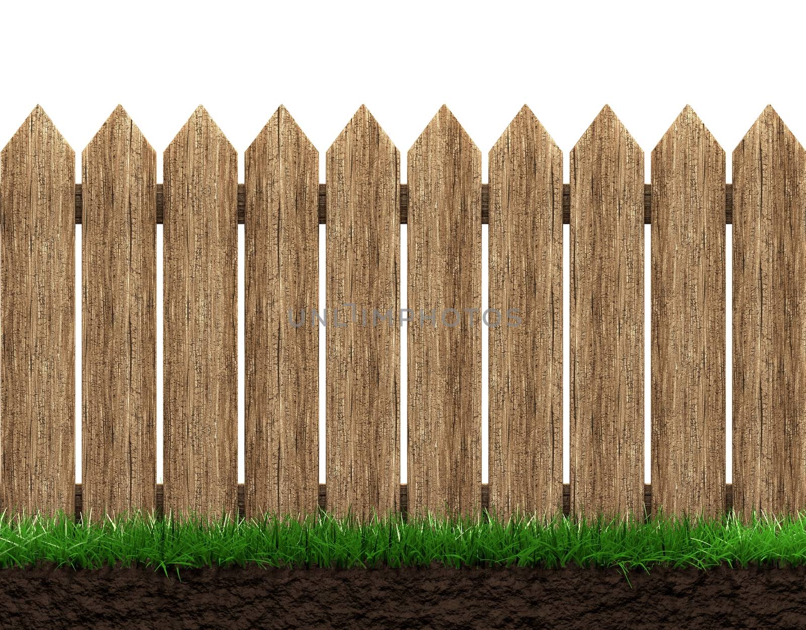 Wooden fence and grass isolated 3d illustration