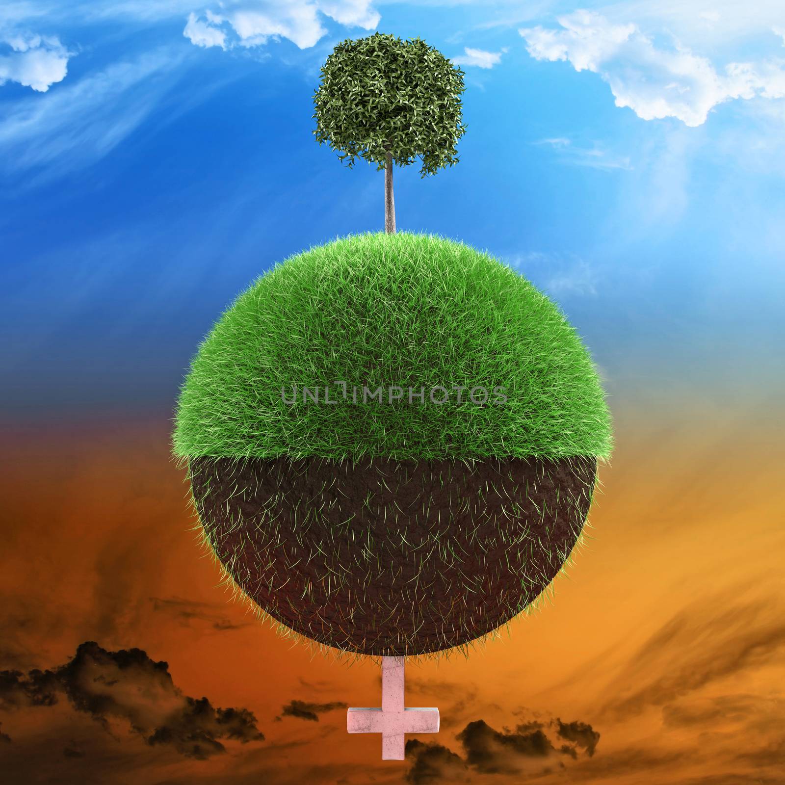Planet illustrated with one half with healthy tree and other half with less grass and a tombstone 3d illustration