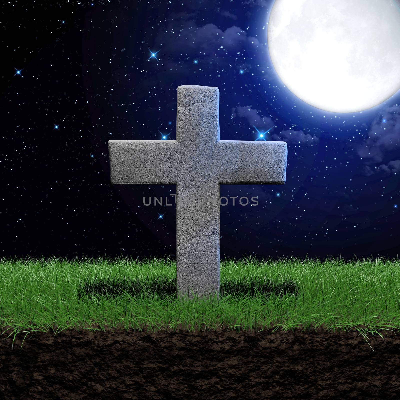 Tombstone on a grass field at night with full moon 3d illustration