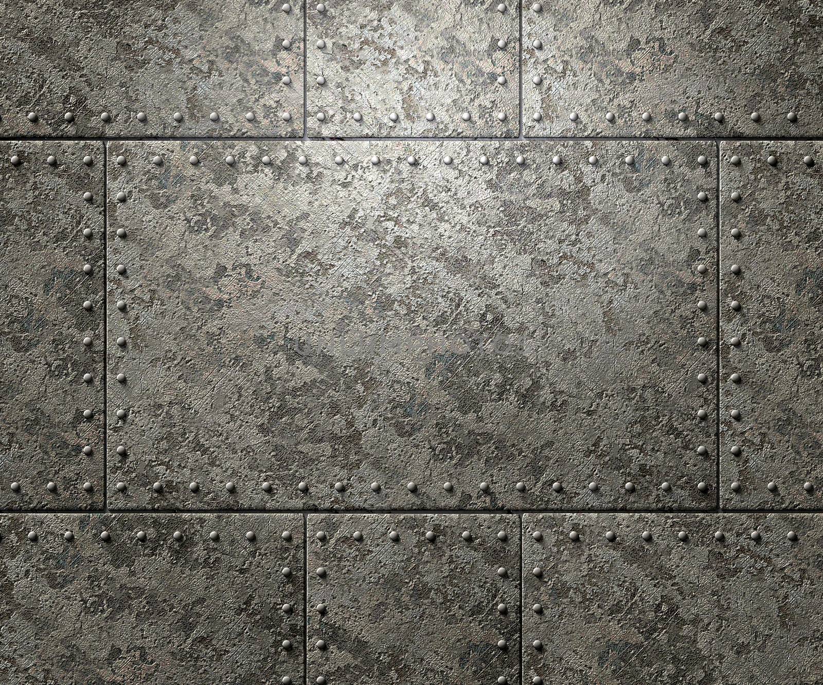 Metal texture with plates and rivets background 3d illustration