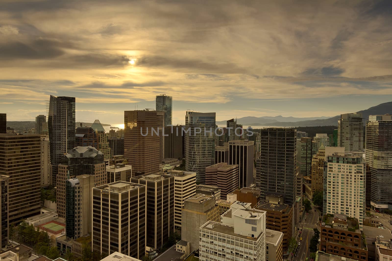 Vancouver British Columbia Canada downtown cityscape during sunset