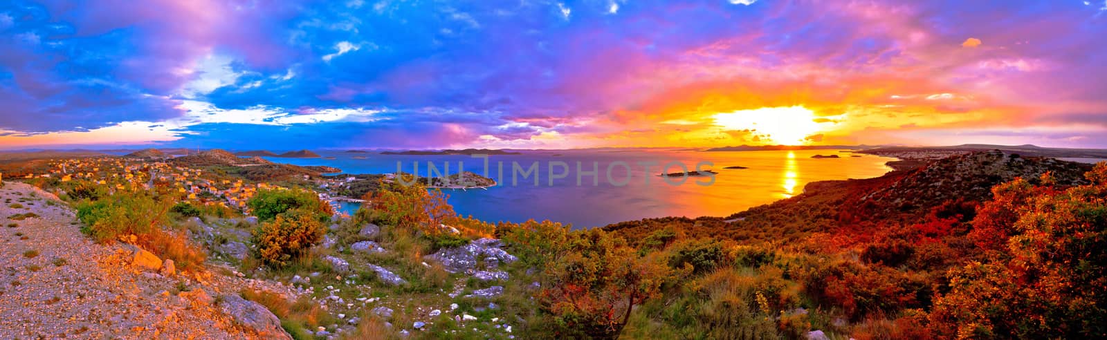 Amazing colorful sunset panorama of Pakostane archipelago, Dalmatia, Croatia