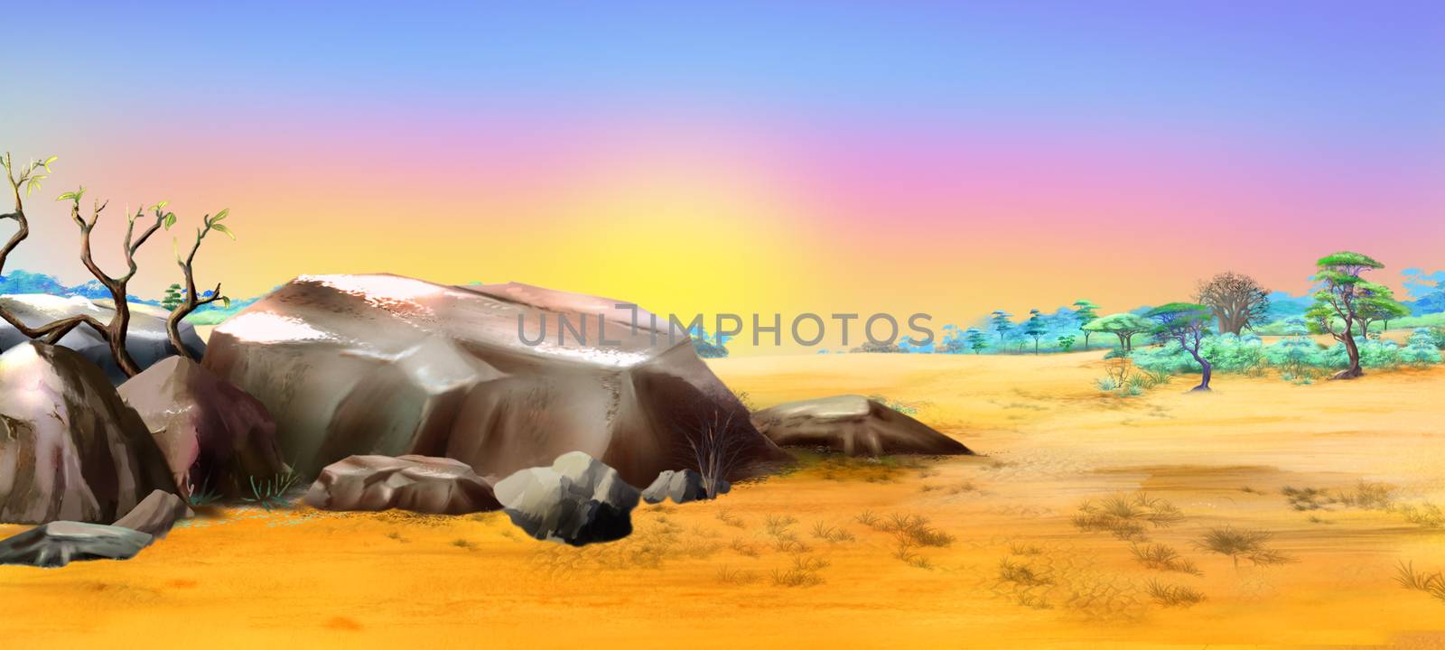 African landscape with large stones on the background of dawn in a Summertime. Digital Painting Background, Illustration in cartoon style character.