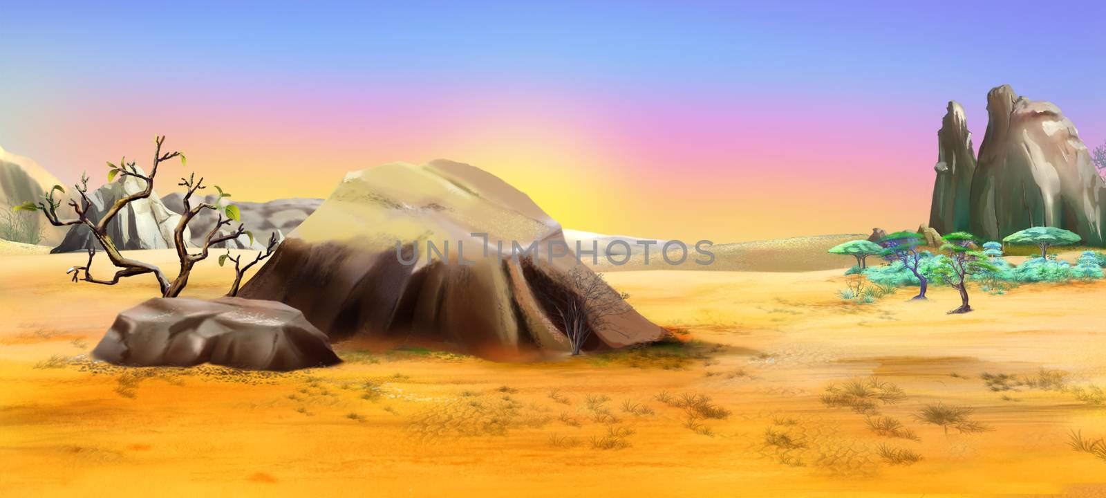 African landscape with large stones on the background of dawn in a Summertime. Digital Painting Background, Illustration in cartoon style character.