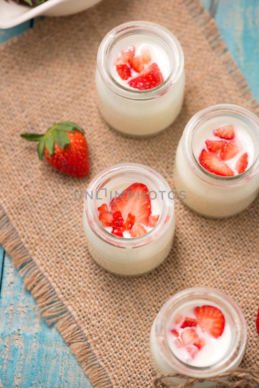 Strawberry Yoghurt. Healthy food with Strawberries and yoghurt breakfast on table.