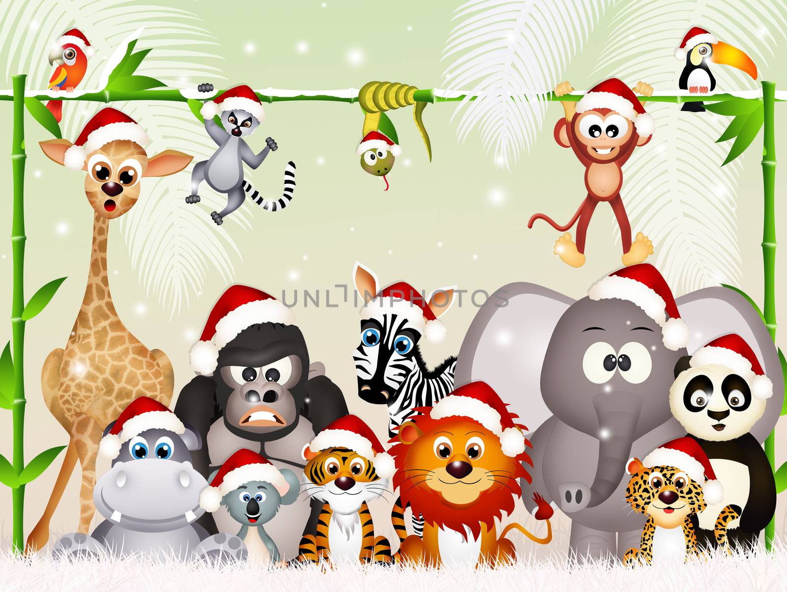 illustration of wild animals at Christmas