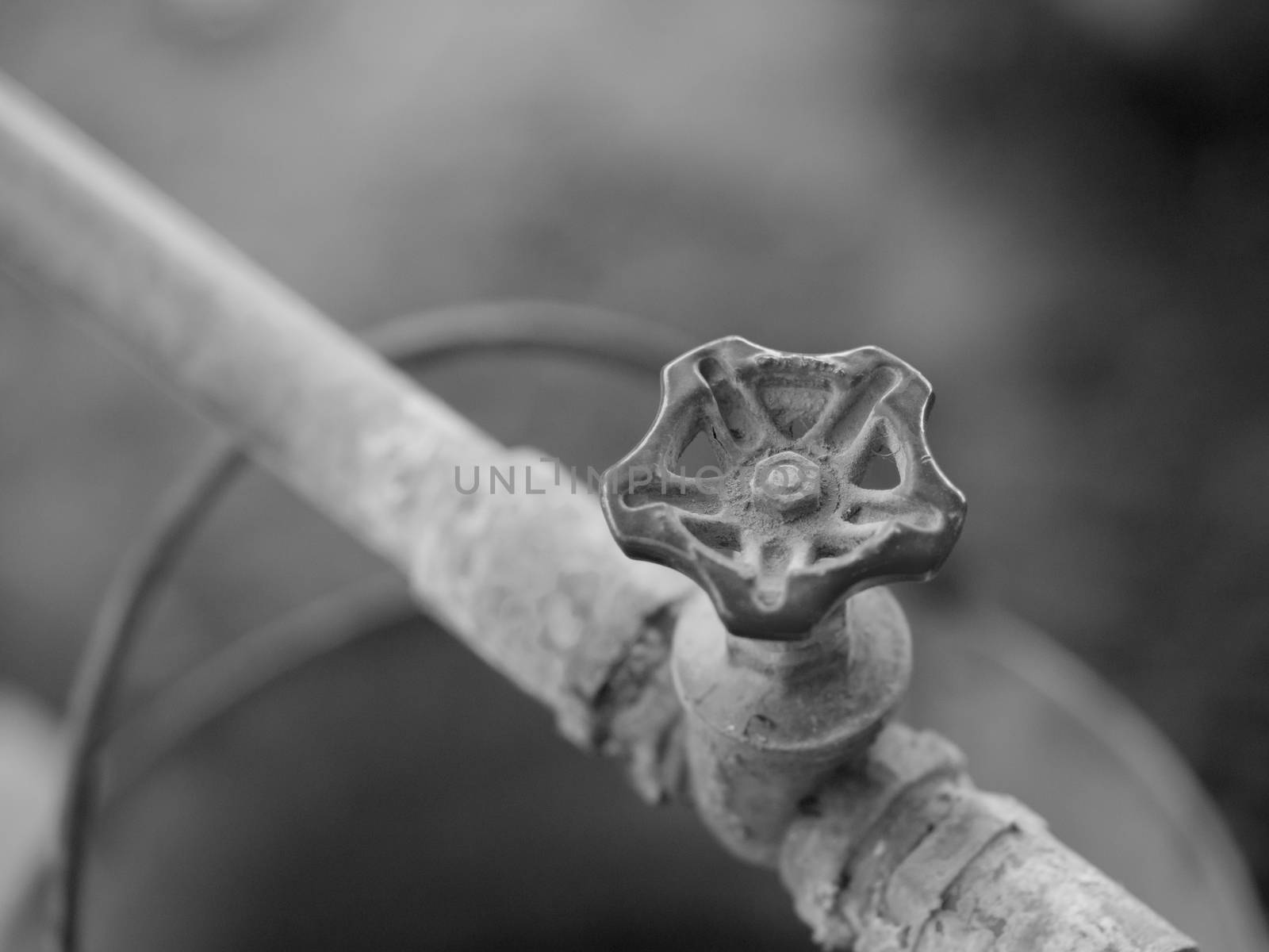 BLACK AND WHITE PHOTO OF CLOSE-UP SHOT OF METAL TAP