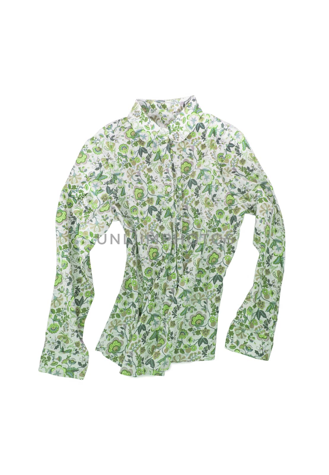 Female shirt, blouse with bright floral pattern, isolated on white background.