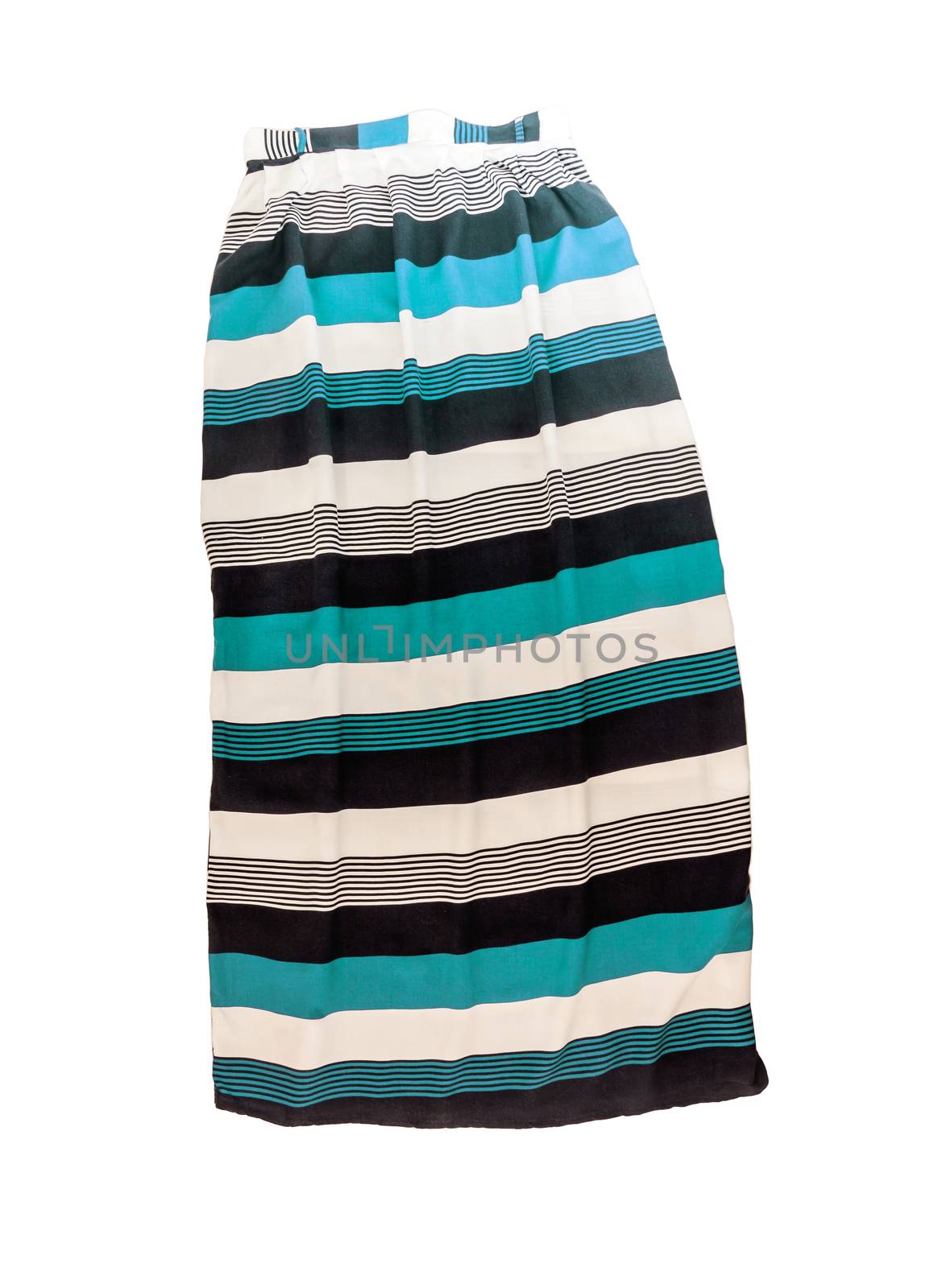 Women's long skirt with a striped multi-colored pattern, isolated on white background.