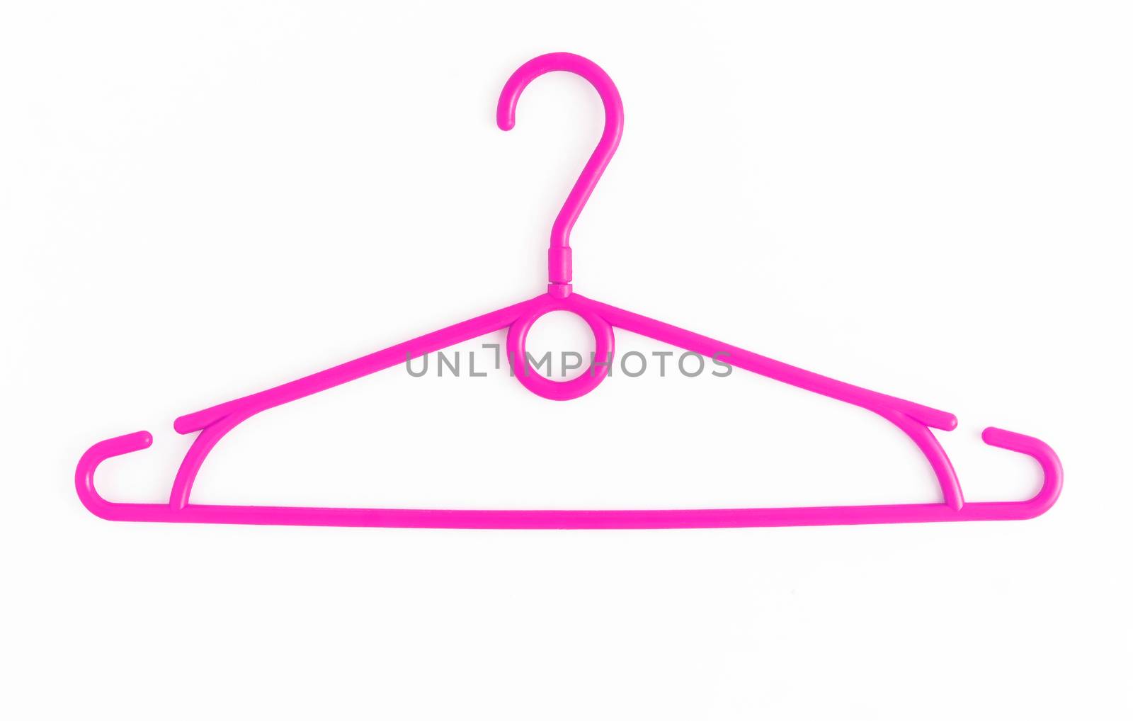 One colored plastic hanger, isolated on white background, close-up.