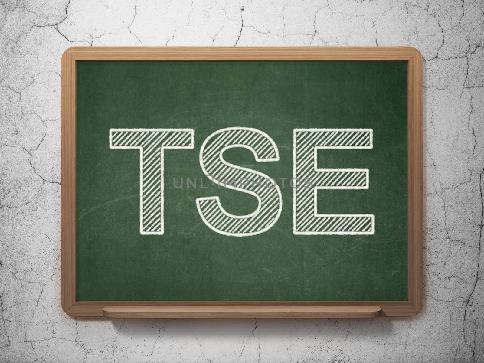 Stock market indexes concept: text TSE on Green chalkboard on grunge wall background, 3D rendering