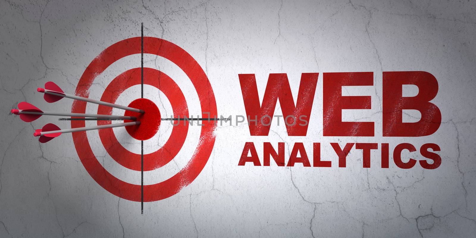 Success web design concept: arrows hitting the center of target, Red Web Analytics on wall background, 3D rendering