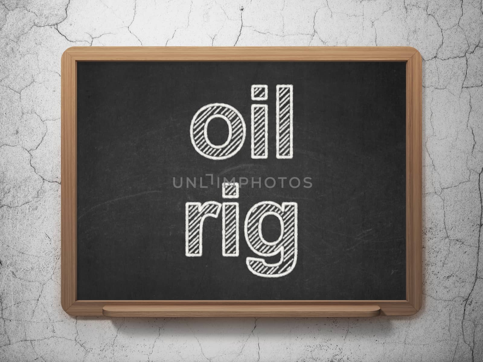 Manufacuring concept: text Oil Rig on Black chalkboard on grunge wall background, 3D rendering