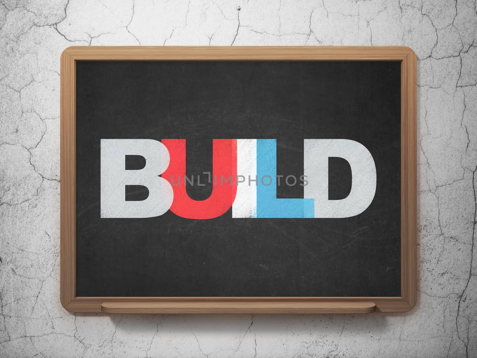 Construction concept: Painted multicolor text Build on School board background, 3D Rendering