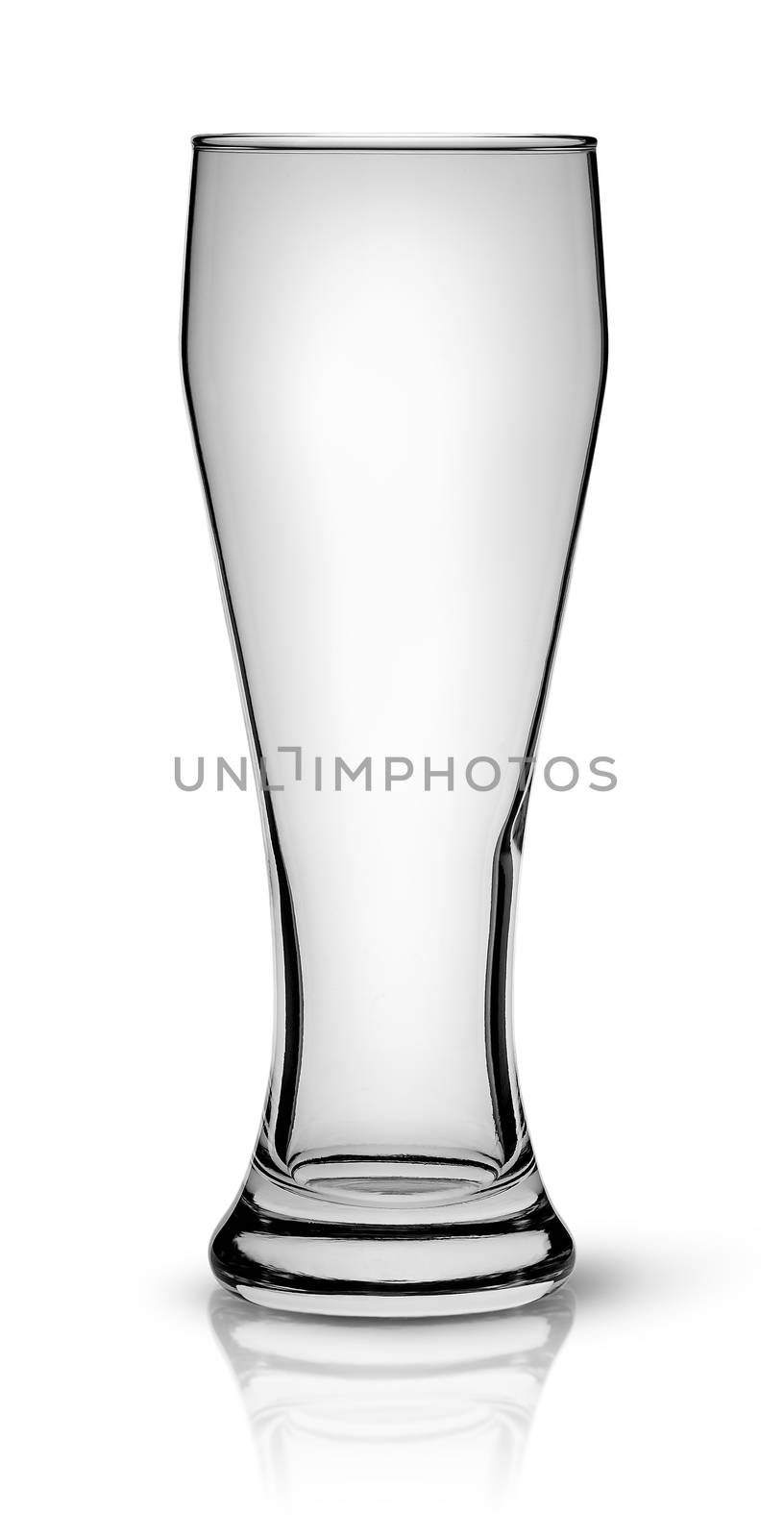 In front empty beer glass isolated on white background
