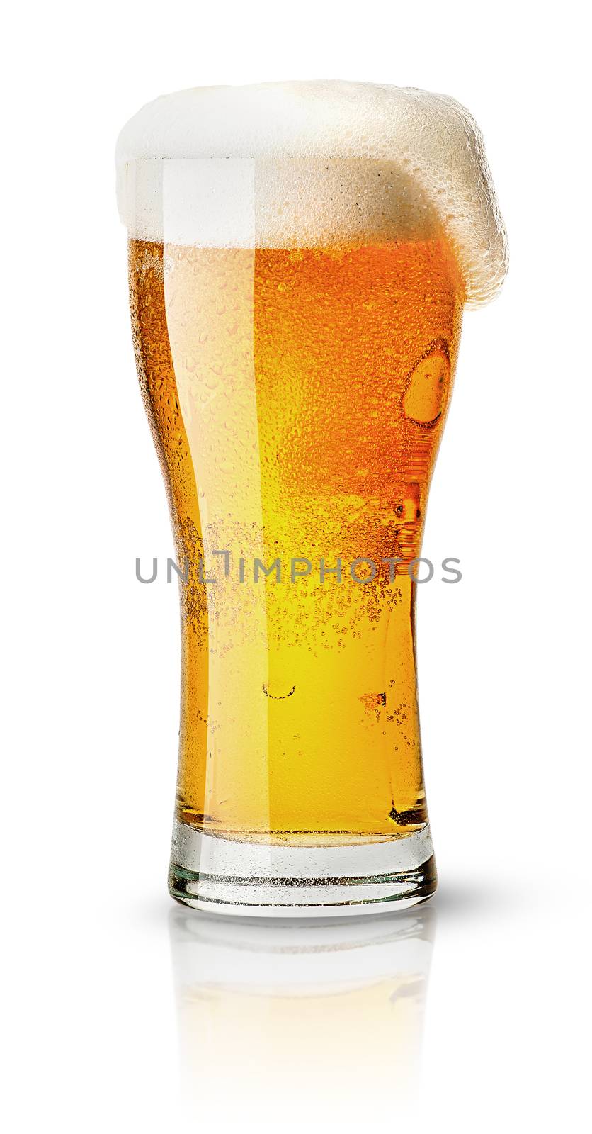 Light beer in sweaty glass and foam isolated on white background