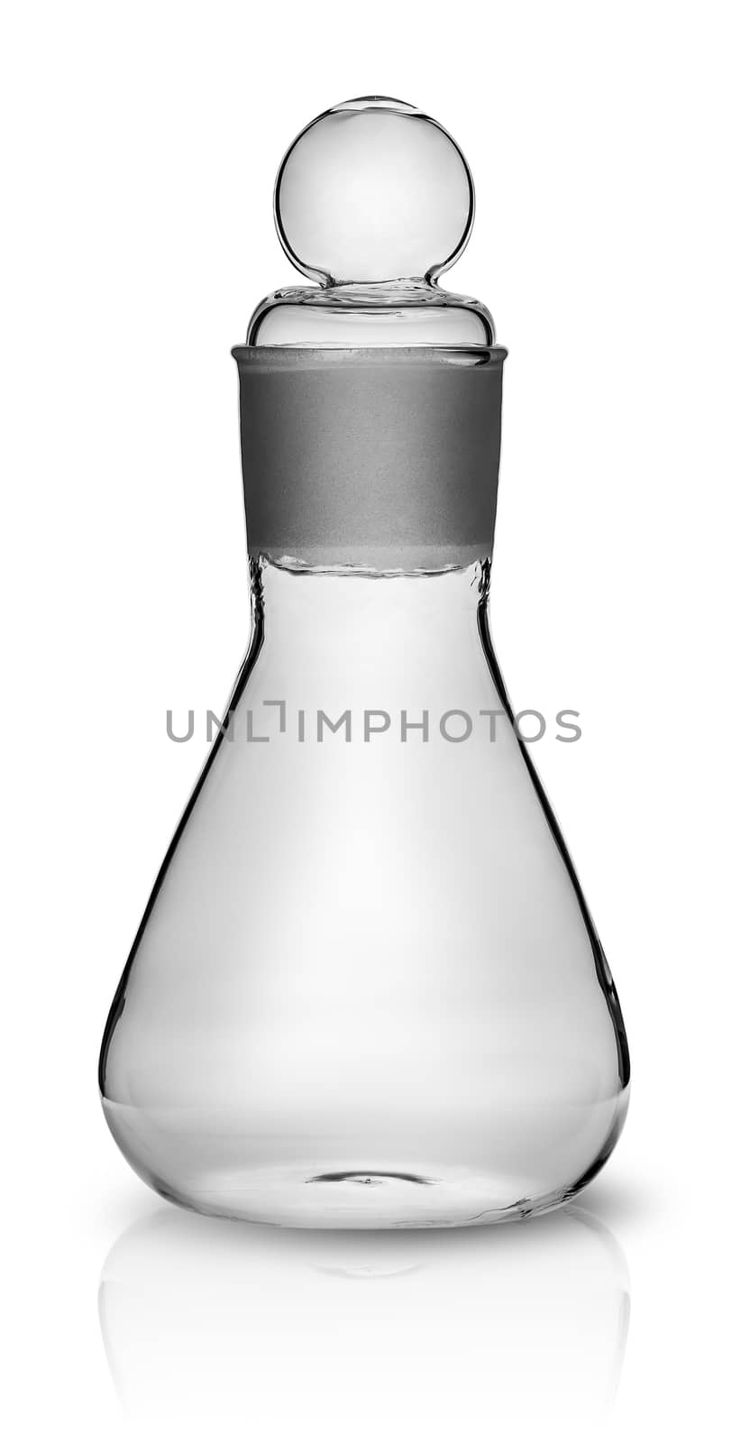 Old laboratory flask with ground glass stopper isolated on white background