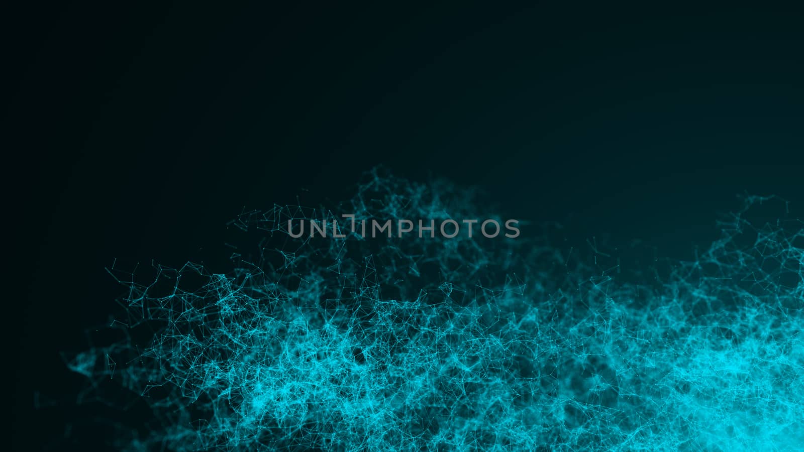 Abstract connected dots on dark background. Technology concept backdrop. Computer graphic image. 8K Ultra HD Resolution. 3d rendering