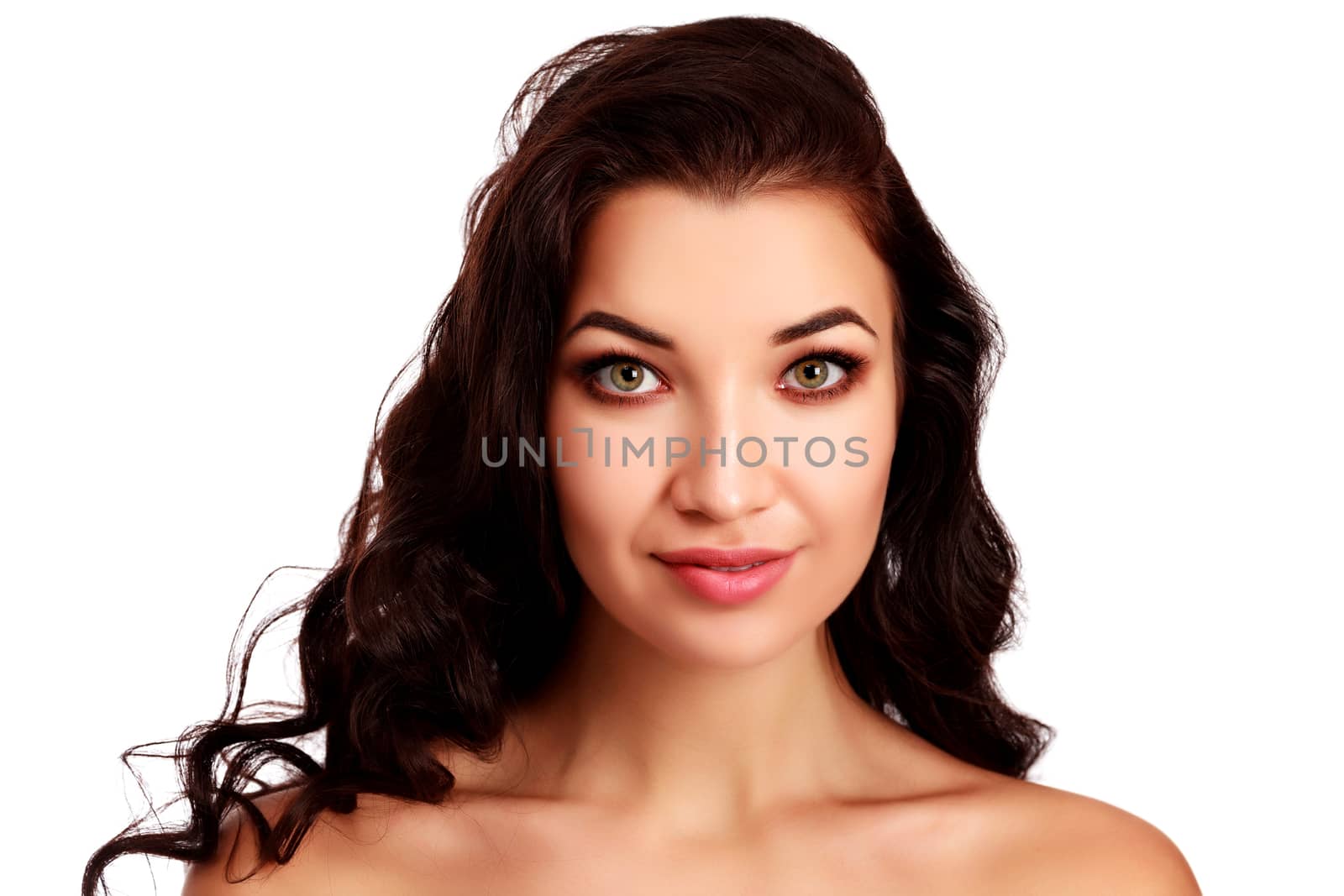 Portrait of beautiful brunette woman on white background by Nobilior