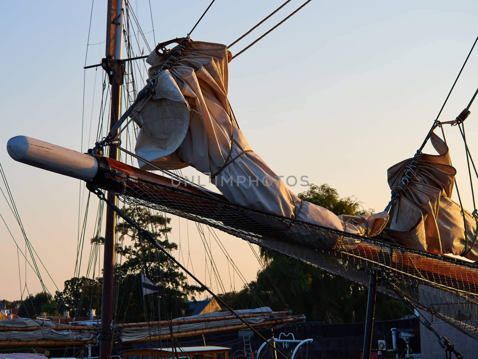 Bowsprit and gathered sail of a large classical traditional vintage tall sailing ship